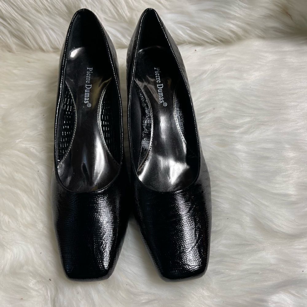 Pierre Dumas black reptile prints slip on 2” heels with gold tone accent SZ12M
